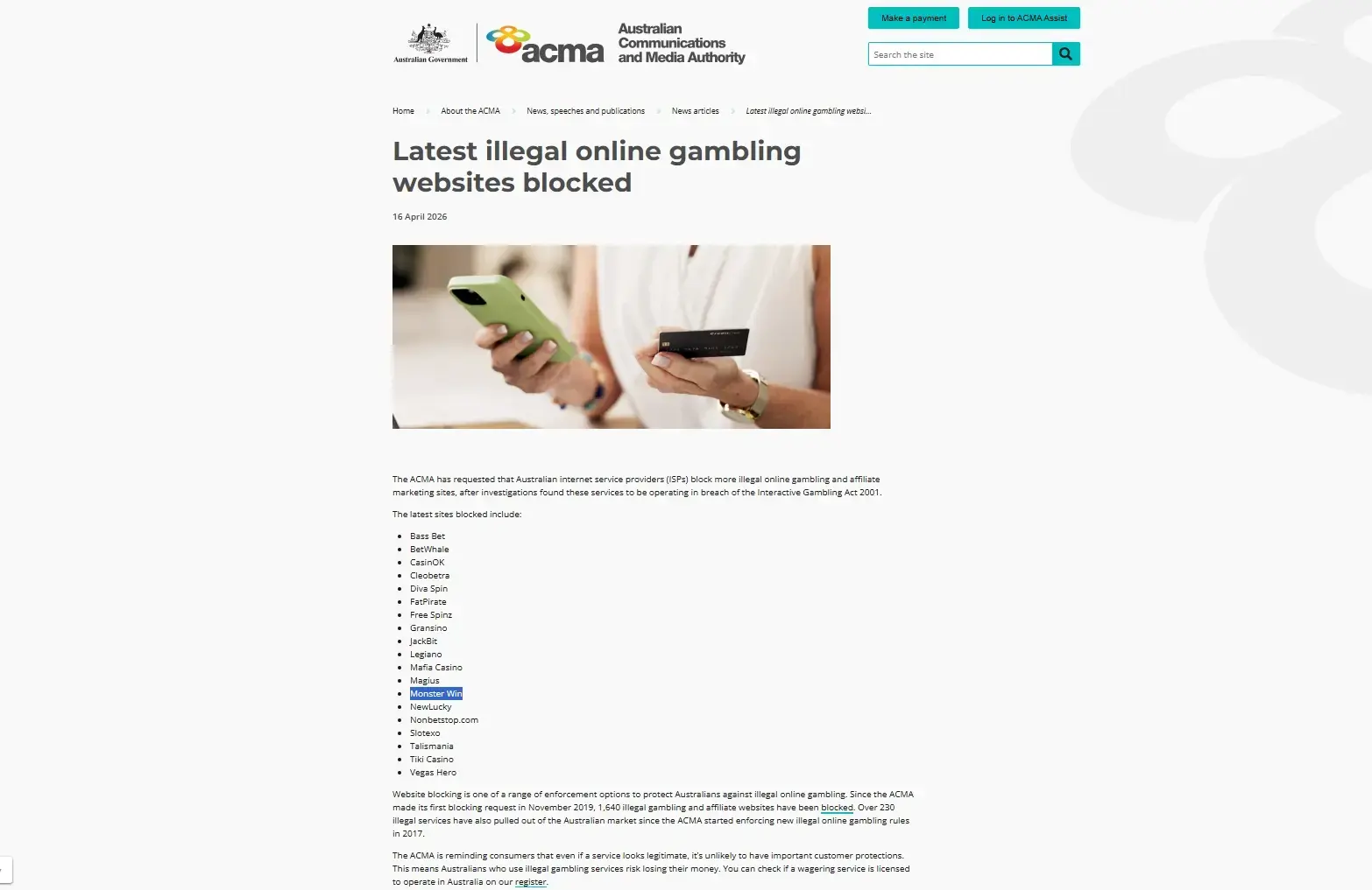 ACMA evidence listing Monster Win among illegal online gambling websites blocked in April 2026
