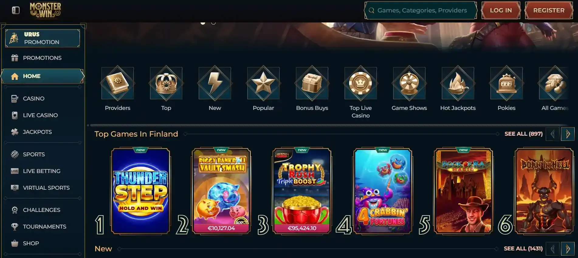 Current Monsterwin Australia-facing homepage and casino interface