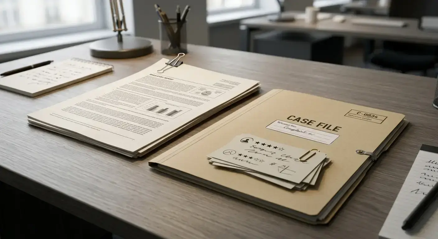 Editorial illustration showing a regulator document, formal complaint case record and user review cards as separate evidence layers