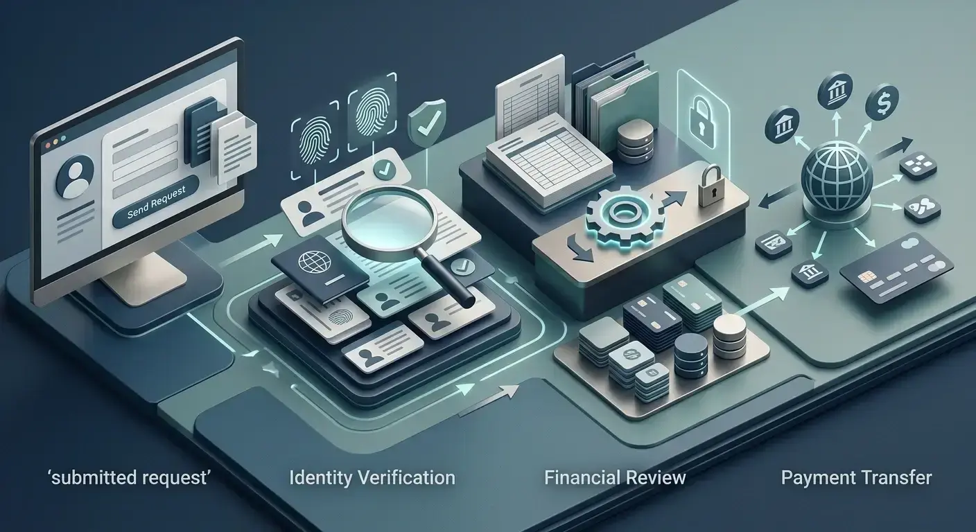 Editorial withdrawal process showing request, verification, financial review and payment stages