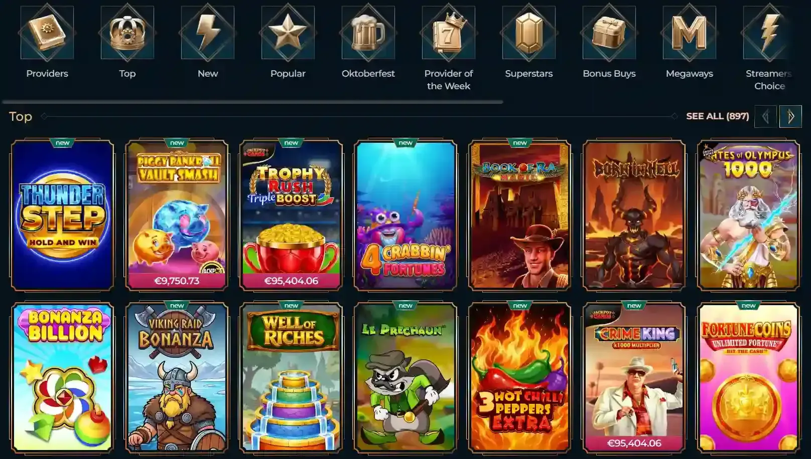 Monsterwin AU games lobby showing current casino categories, game tiles and navigation filters
