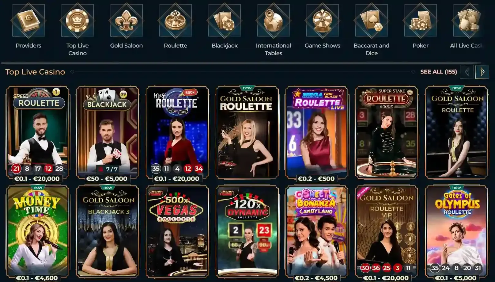 Monsterwin live casino lobby showing current live-dealer categories