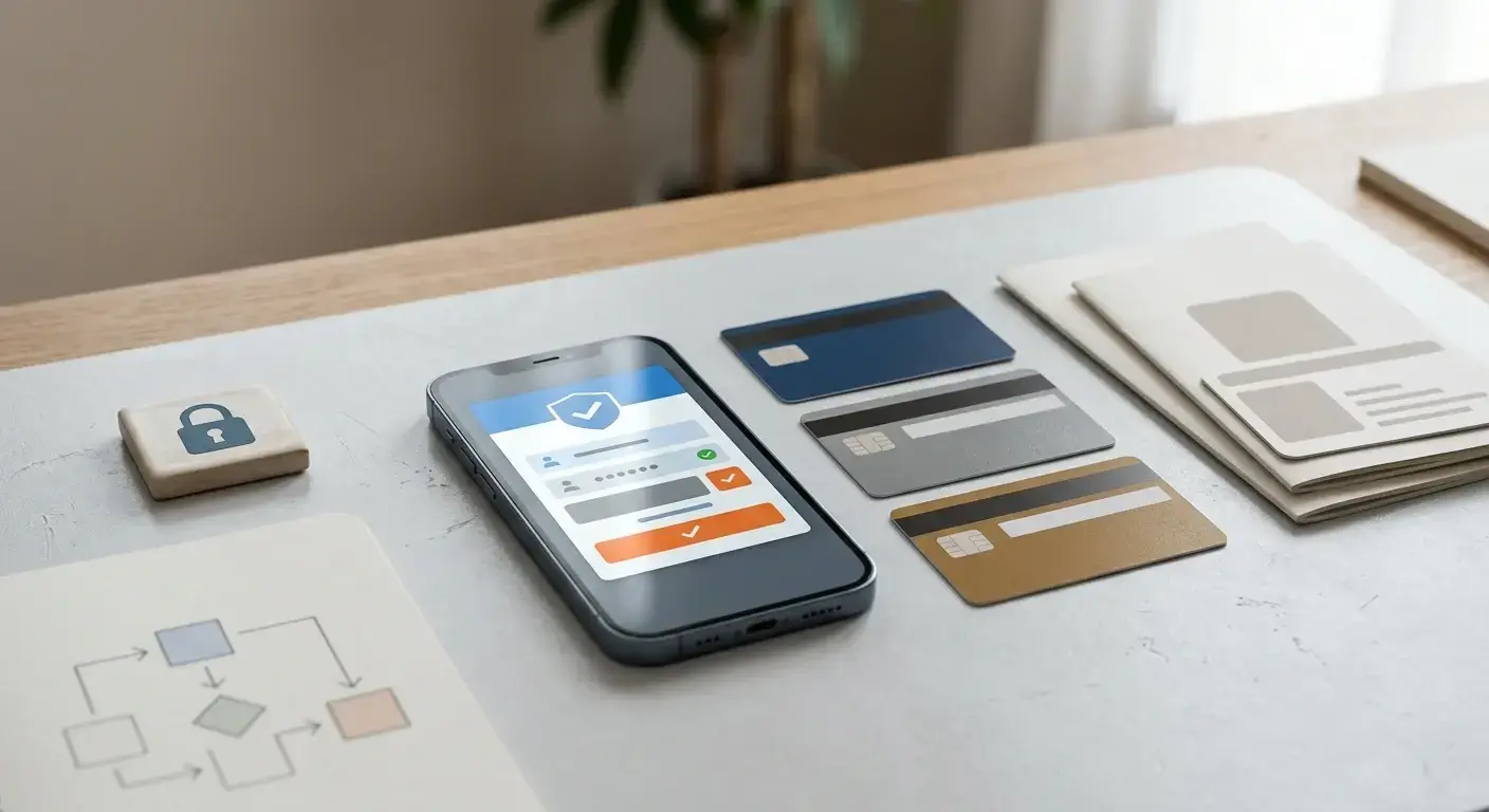 Neutral editorial illustration of AUD payments, identity verification and mobile account access